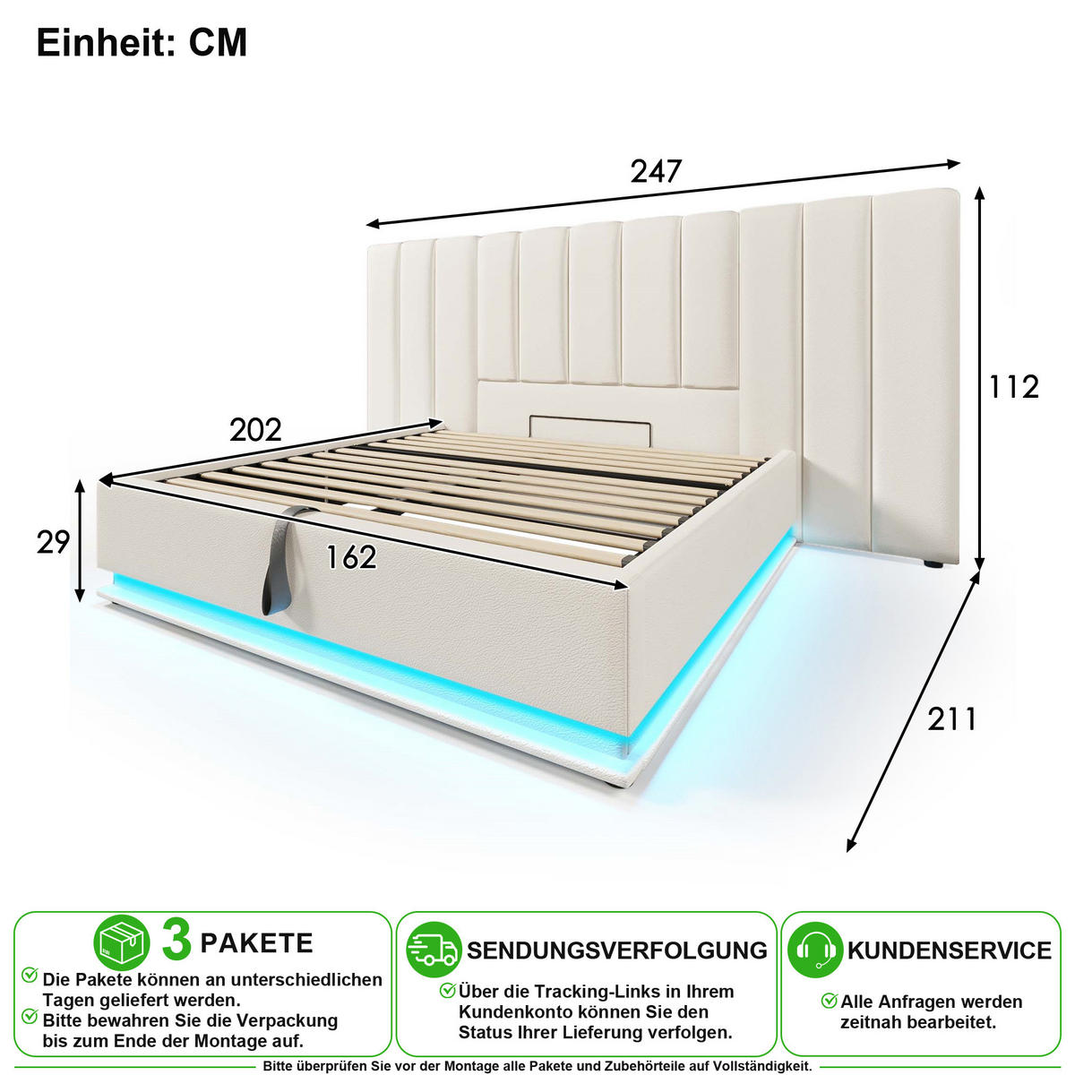POLSTERBETT 160/200 cm in Weiß mit Bettkasten, LED und USB-C - Weiß, Holzwerkstoff/Textil (160/200cm) - CHICFURN