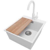 GRANITSPÜLE Oslo, 2-er set Weiß 43/50 cm 1 Becken + Küchenarmatur 32/20 cm + Ablauf-Set + Schneidebrett ab 45er Unterschrank - Chromfarben/Beige, Kunststoff (43/20/50cm) - Primagran