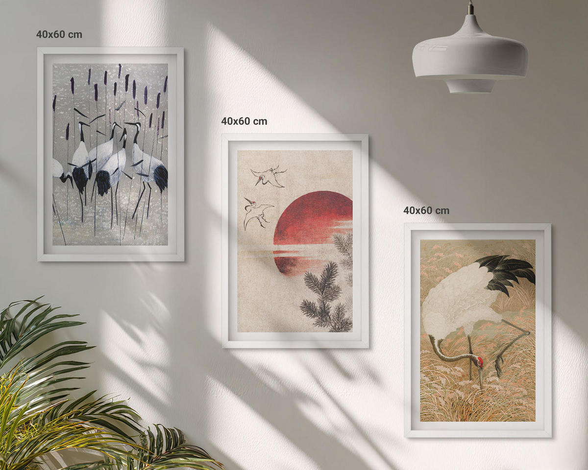BILDER SET 3er Set - 40x60 cm Weißer Rahmen - Japanische Kraniche Landschaft - Weiß, Kunststoff (40/60cm) - TULUP