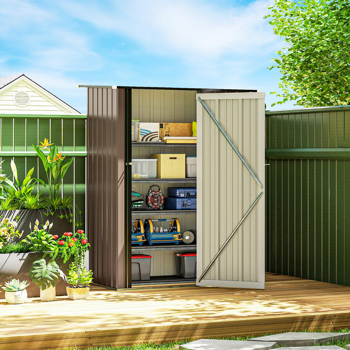 GERÄTEHAUS mit Pultdach 1,07 m² 142 x 84 x 189 cm Braun - Braun, Metall (86/189/142cm) - Outsunny