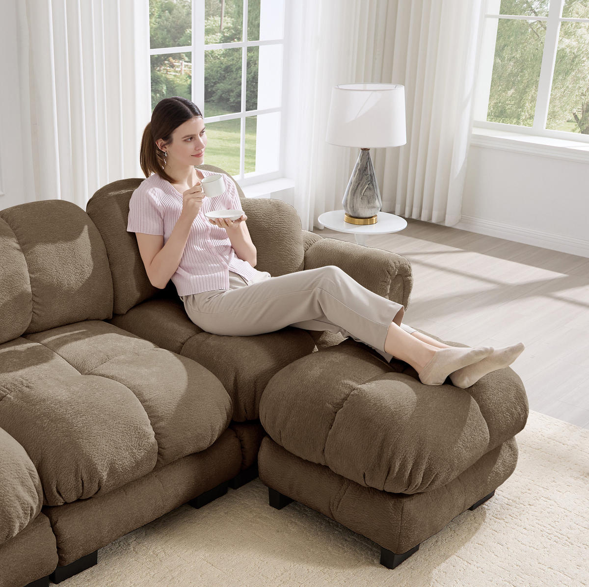 SOFA U-Form 3-Sitzer Chenille Braun mit beweglichem Hocker - Braun, Holz (149/90/260.1cm) - Meubliv