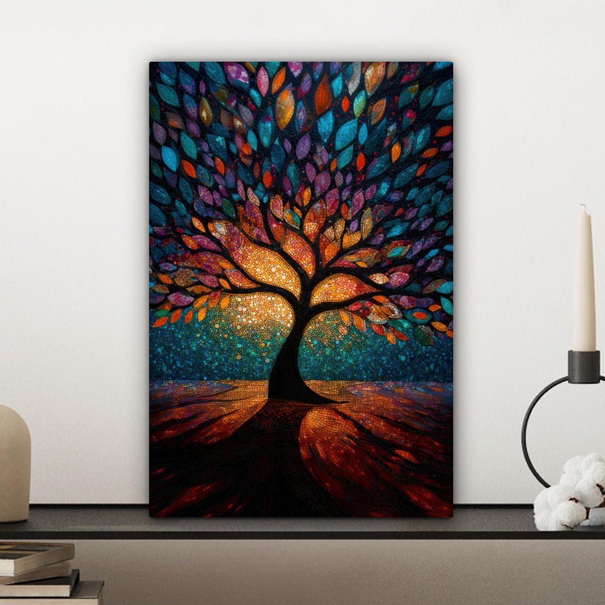 LEINWANDBILD Mosaik - Bunt - Baum - Äste Deko Wohnzimmer 20x30 cm - Multicolor, Textil (20/30cm) - MuchoWow