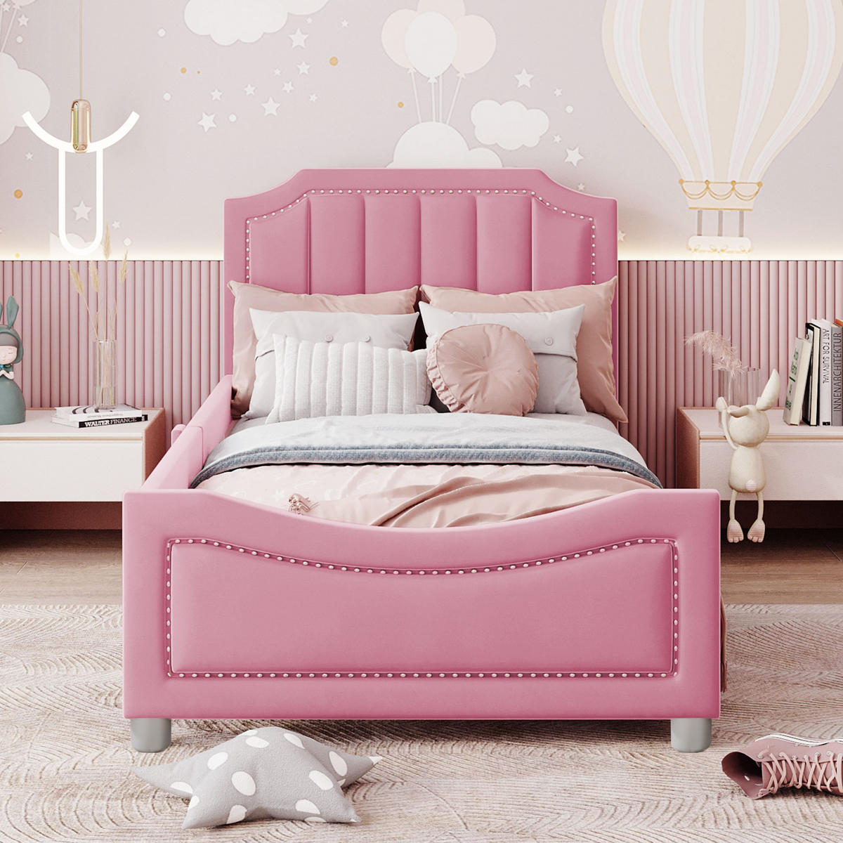 POLSTERBETT 90/200 cm Rosa mit Rückenlehne und Armlehne - Pink, Holz (90/200cm) - OKWISH