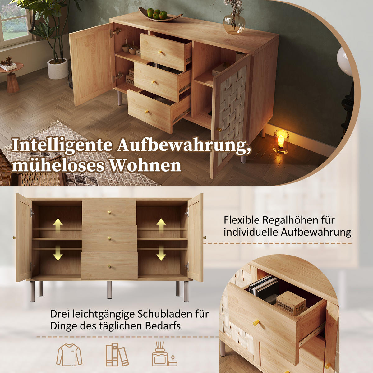 SIDEBOARD in Naturfarben Kommode mit 2 Türen, 3 Schubladen, Metallbeinen & verstellbaren Böden,B120/T40/H75cm - Naturfarben/Weiß, Holzwerkstoff/Metall (120/70/40cm) - STILVORA