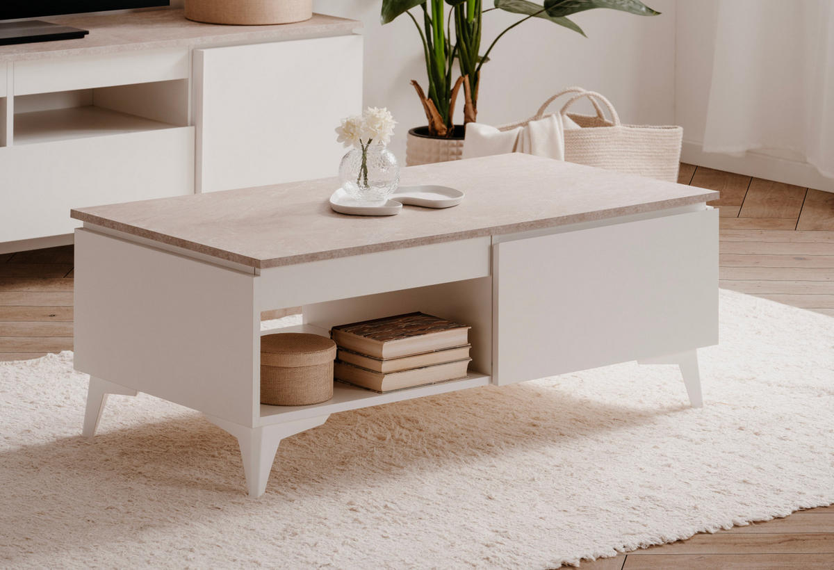 COUCHTISCH weiß, Sandstein 100 cm, Wohnzimmertisch mit Schubkasten - Sandfarben/Weiß, Holzwerkstoff/Kunststoff (55/100/40cm) - Furn.Design