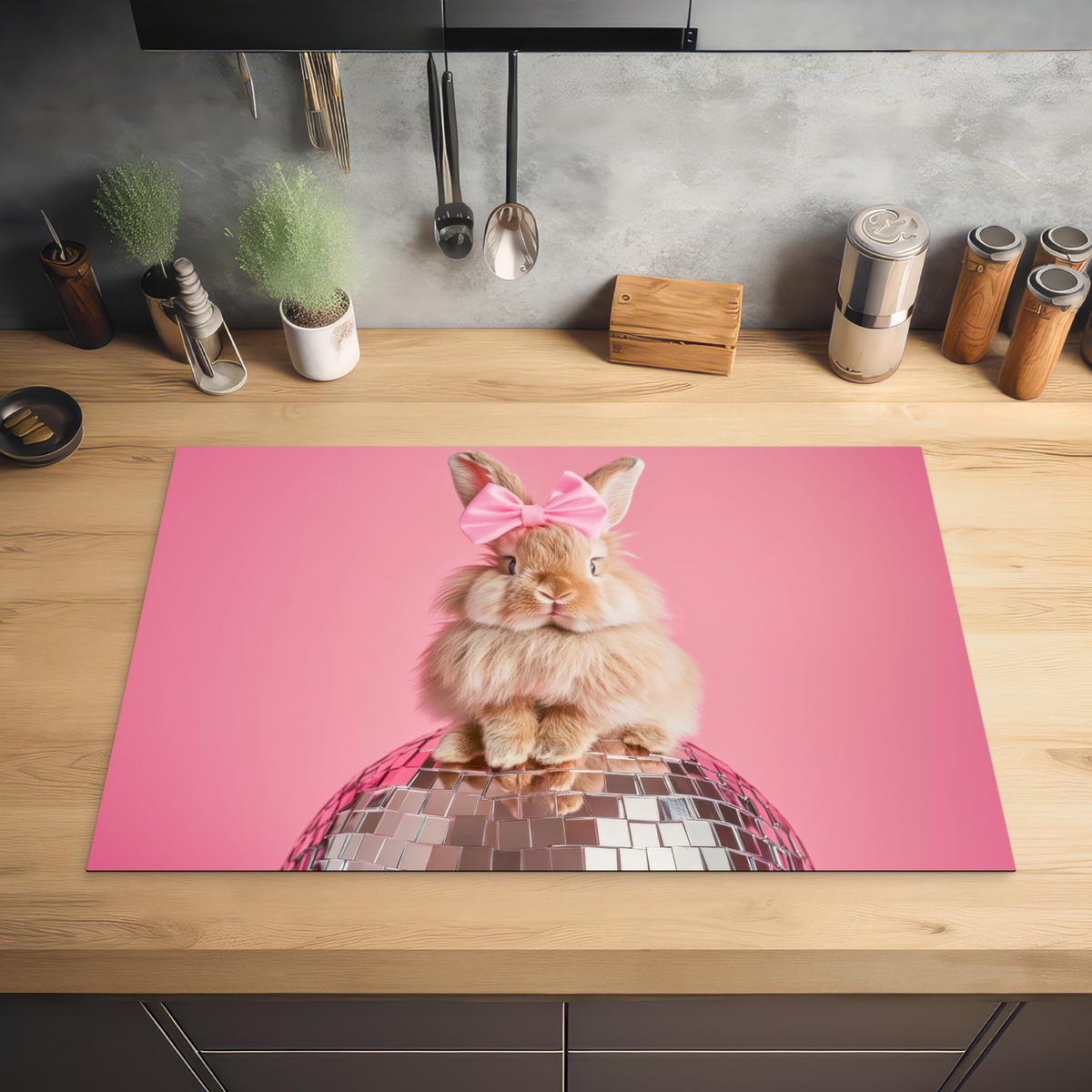 HERDABDECKPLATTE Schleife - Discoball - Kaninchen Ceranfeldabdeckung 80x52 cm - Pink, Kunststoff (80/52/0.2cm) - MuchoWow