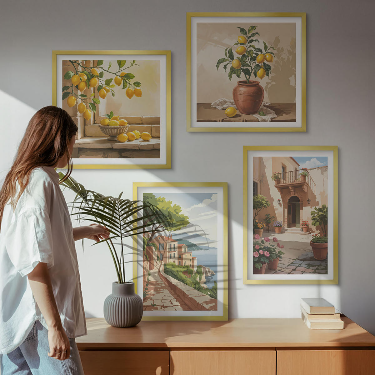 BILDER SET 4er Set - 50x50 cm & 40x60 cm Goldrahmen - Zitrusfrüchte in der Küche - Goldfarben, Kunststoff (50/50cm) - TULUP