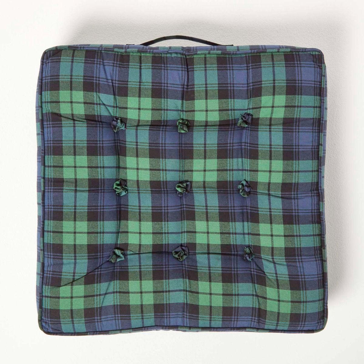 SITZKISSEN blau-grün kariert 50/50/10 cm – Sesselkissen Baumwolle - Blau, Textil (50/50/10cm) - Homescapes
