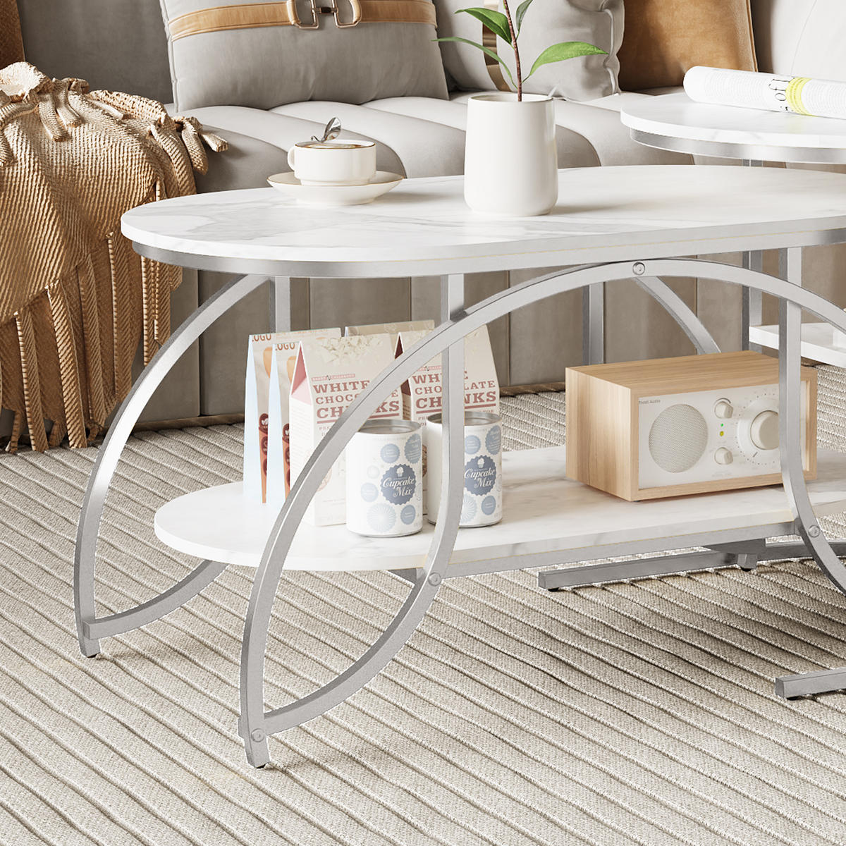 COUCHTISCH 2er Set rund Marmoroptik Metall silber weiß - Weiß, Holz (46/80/45cm) - LEBENLANG