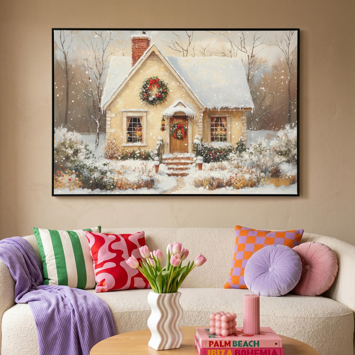 LEINWAND Bilder mit Rahmen - Weihnachten - Zuhause - Winter - Schnee - 140x90 - Creme, Textil (140/90cm) - MuchoWow
