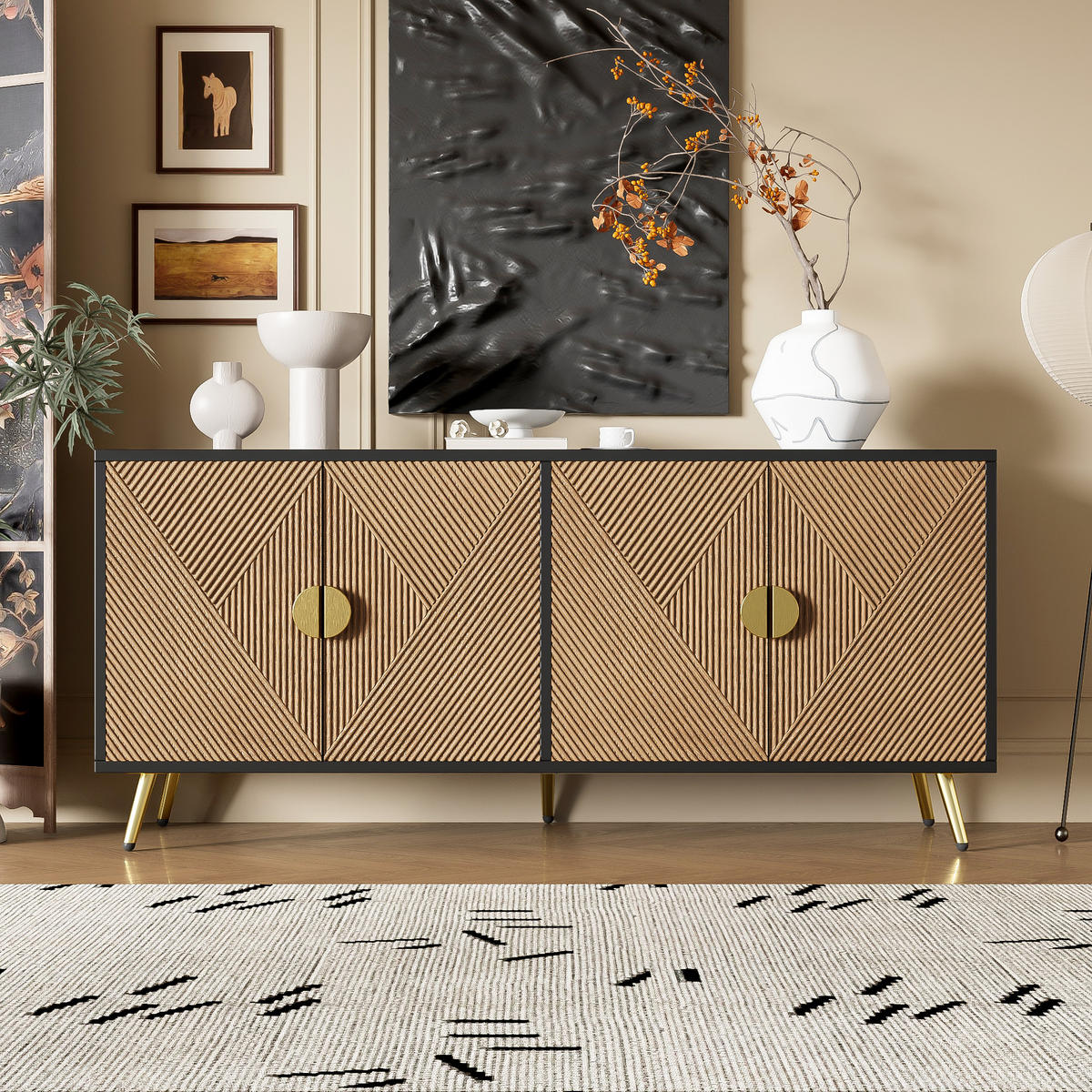 SIDEBOARD 160 cm 4 Türen Goldgriffe - Schwarz, Holz (160/75/40cm) - LEBENLANG