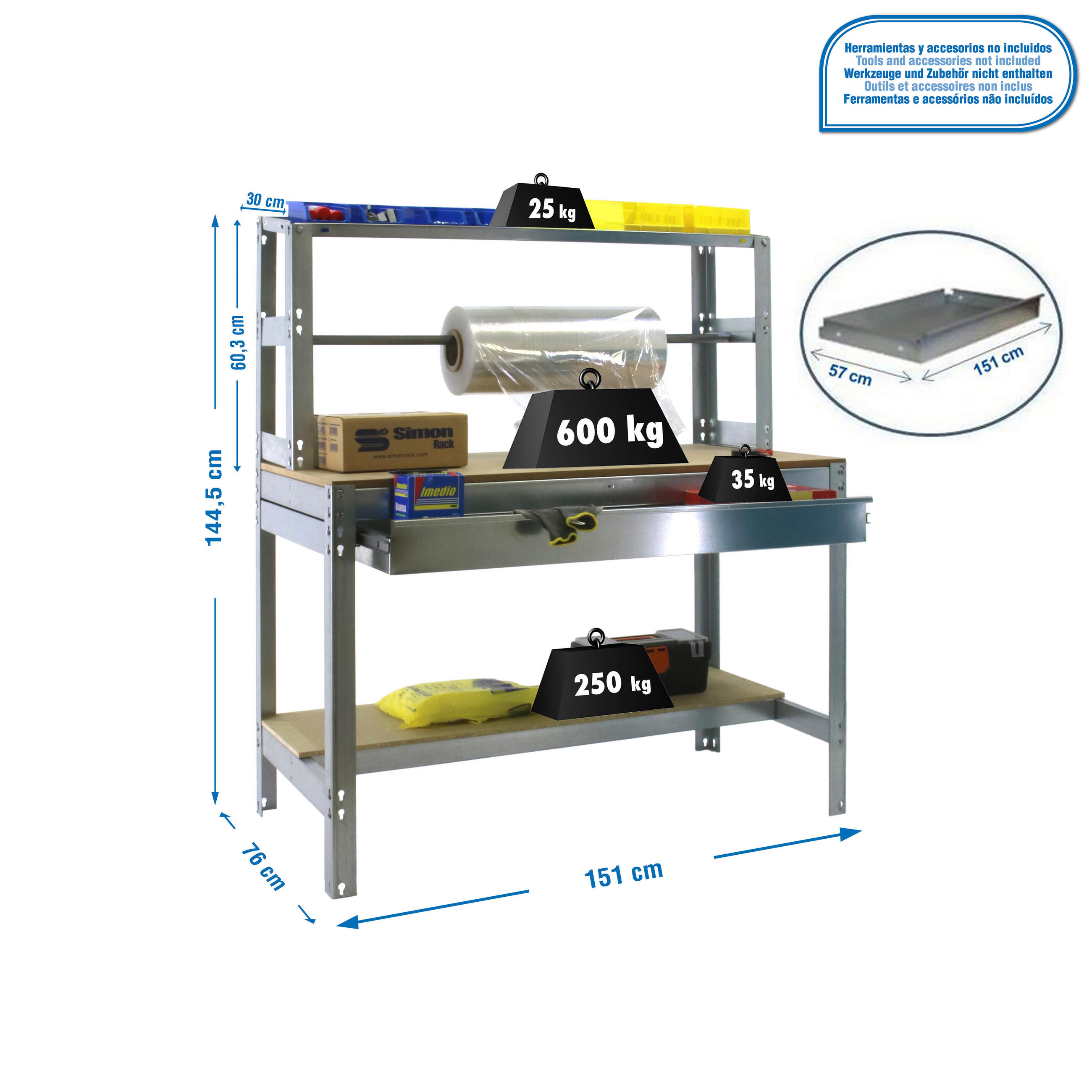 PACKTISCH BUFFALO mit Schubfach | HxBxT 84x150x76cm | Traglast 600kg | Verzinkt - Silberfarben, Metall (150/84/76cm) - PROREGAL