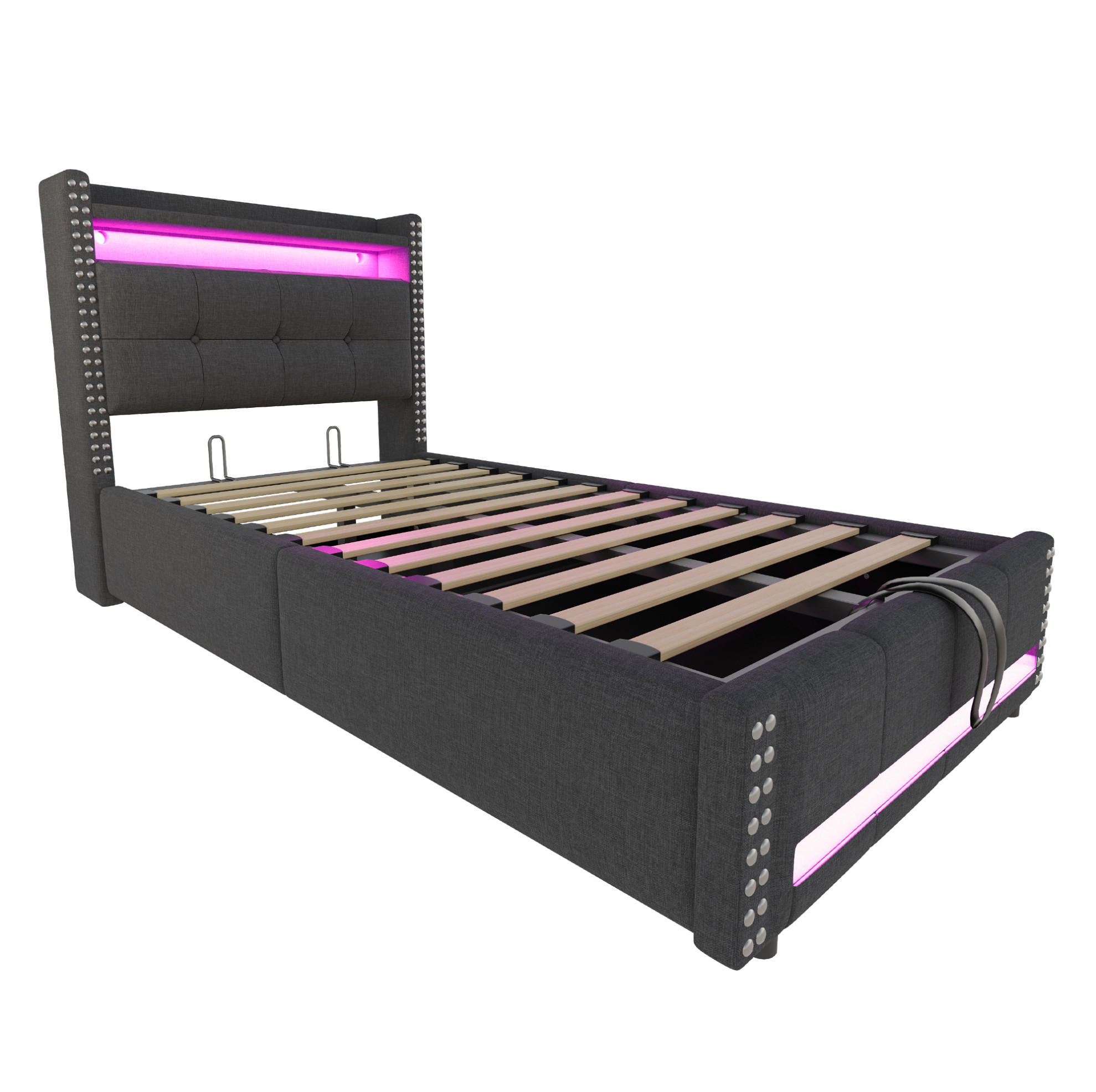 POLSTERBETT aus Leinenstoff 90x200 cm Grau mit LED-Beleuchtung, USB-Anschluss und Stauraum - Grau, Textil (90/200cm) - IVMEU