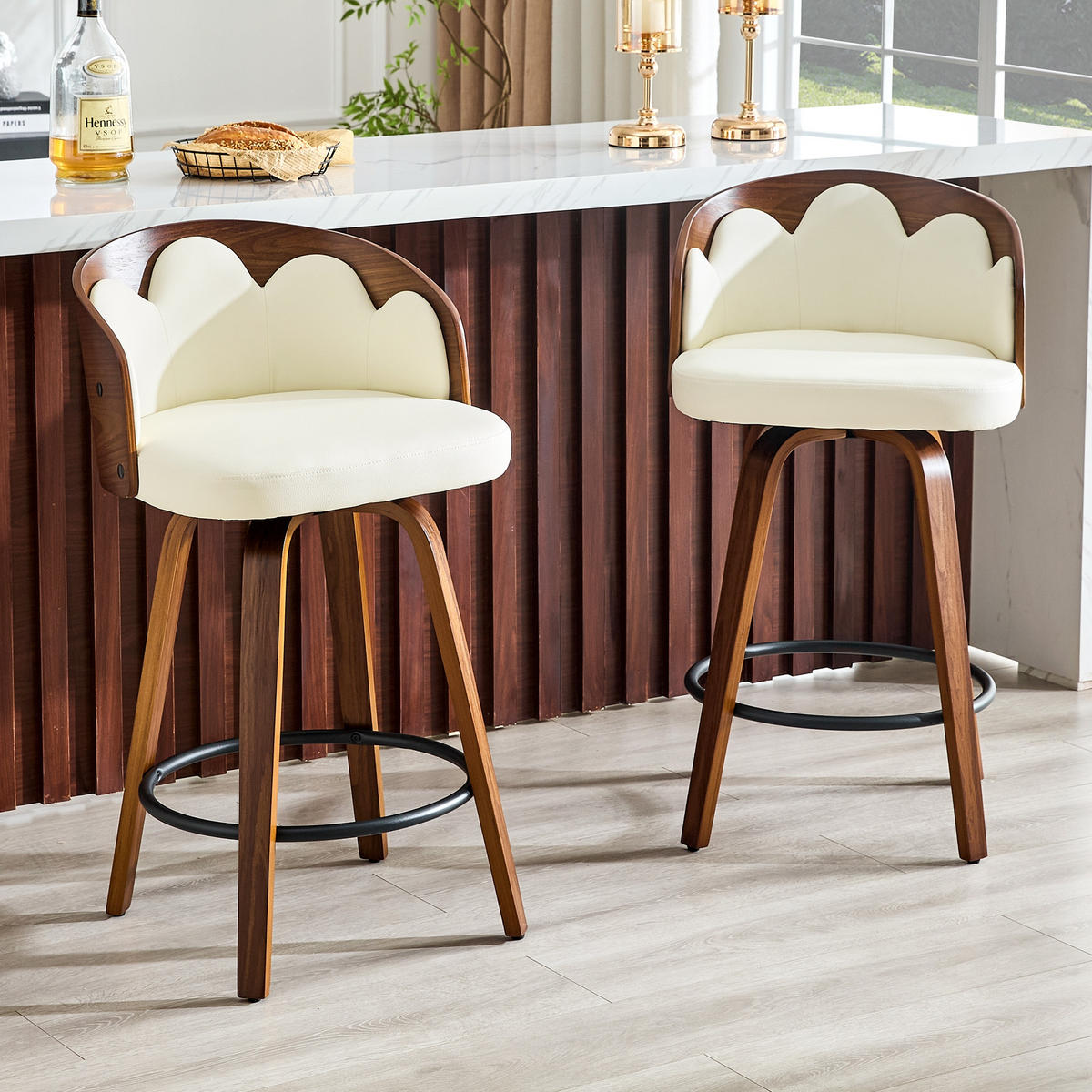 BARHOCKER 2er-Set Weiß mit Blüten-Rückenlehne und Fußstütze - Weiß, Holz (46.5/89/41.5cm) - PANGIVO