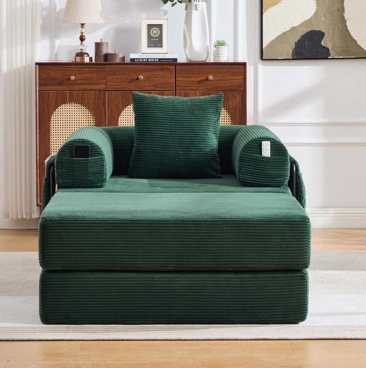 MODULSESSEL 112/190/67 cm mit Hocker, Seitentasche und Kissen aus Cord mit Metallrahmen, Emerald - Smaragdgrün, Textil (190/67/112cm) - Redom
