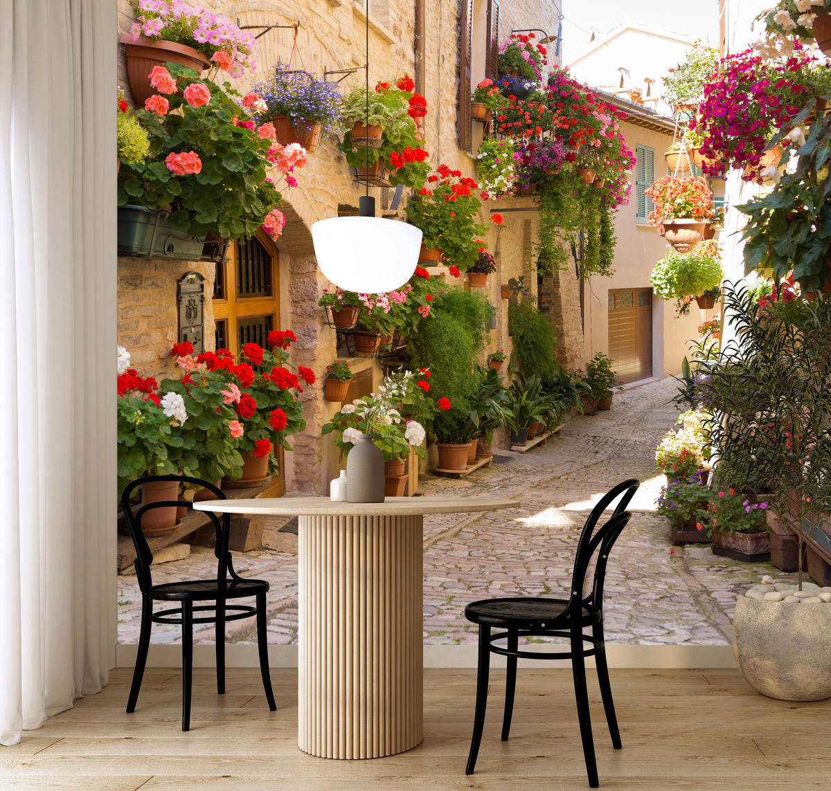FOTOTAPETE für Wohnzimmer Italienische Steinstraße Blumen Pflanzen 150x105 - Beige/Rot, Papier (150/105cm) - Muralo