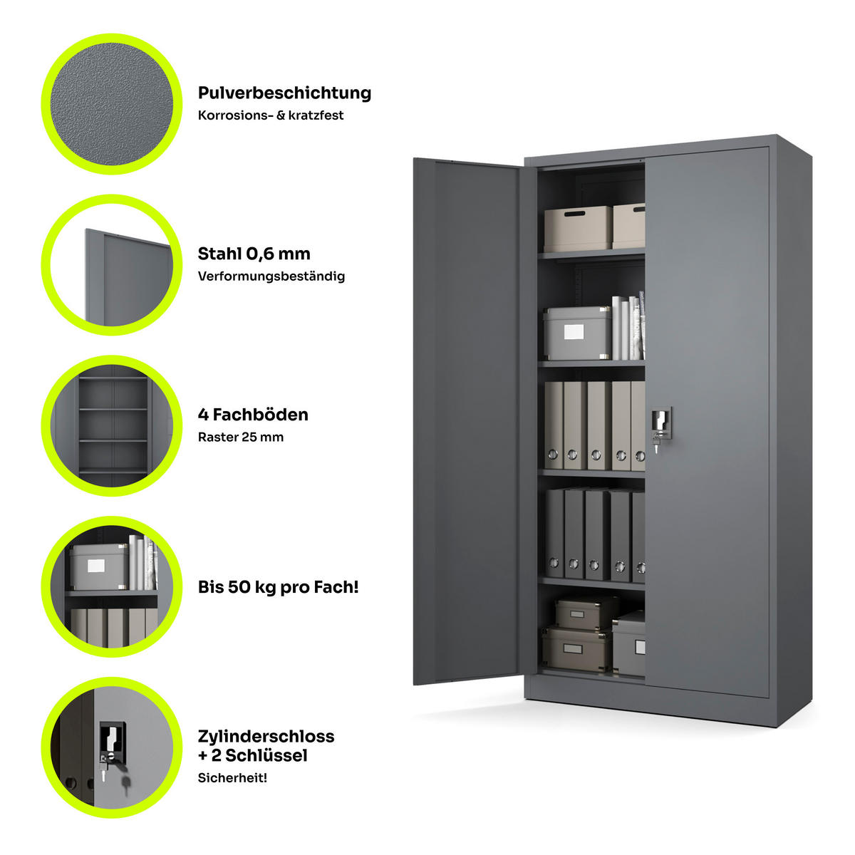 AKTENSCHRANK für Büro Metallschrank für Dokumente und Ordner Stahlschrank Anthrazit abschließbar 90x40x185cm - Anthrazit, Metall (90/185/40cm) - Muralo