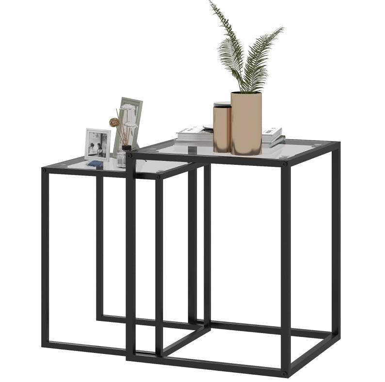 BEISTELLTISCH-SET 42/42/51 cm & 33/33/45,5 cm stapelbar mit gehärtetem Glas und Stahlgestell, Schwarz - Schwarz, Glas (42/42/51cm) - Redom