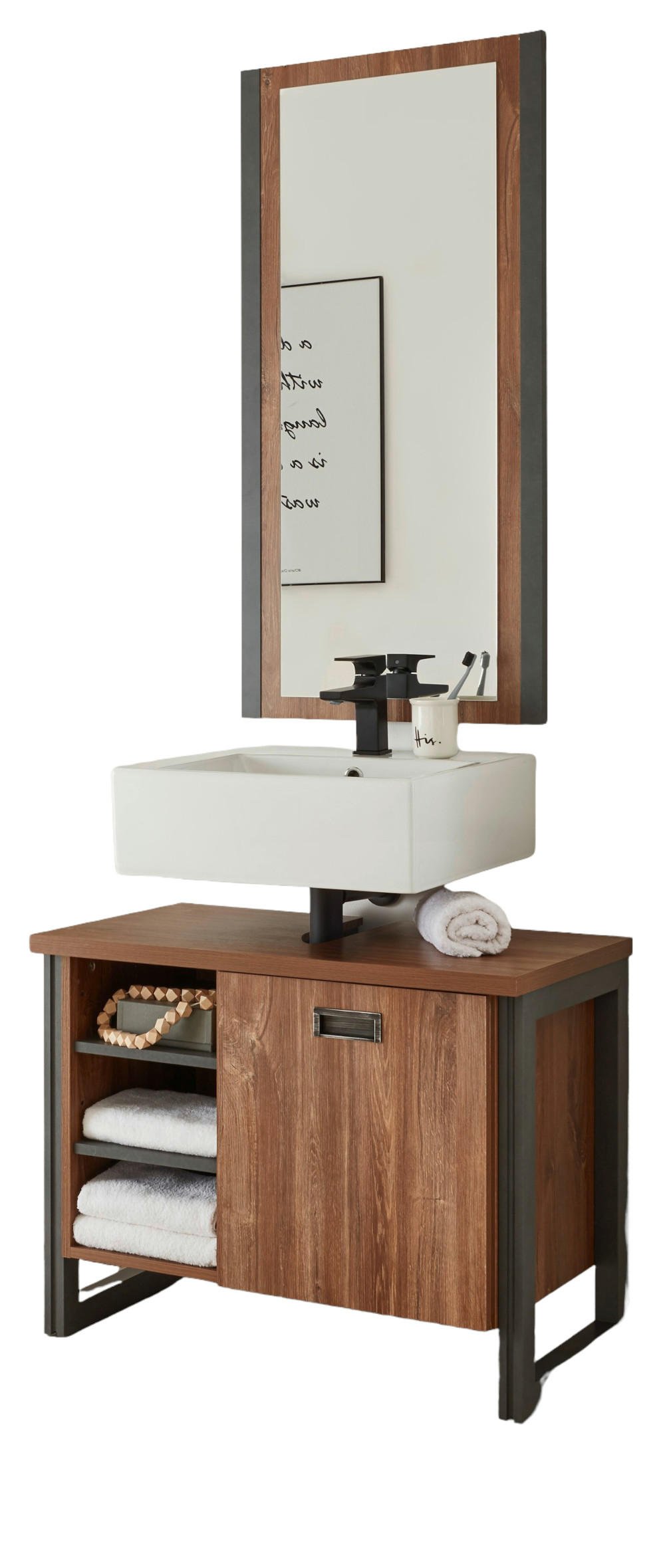 BADMÖBEL-SET 2-teilig Eiche Stirling, Matera grau, Badkombination Waschbeckenunterschrank, Spiegel 81 x 205 cm - Eichefarben/Grau, Holzwerkstoff (81/205/40cm)