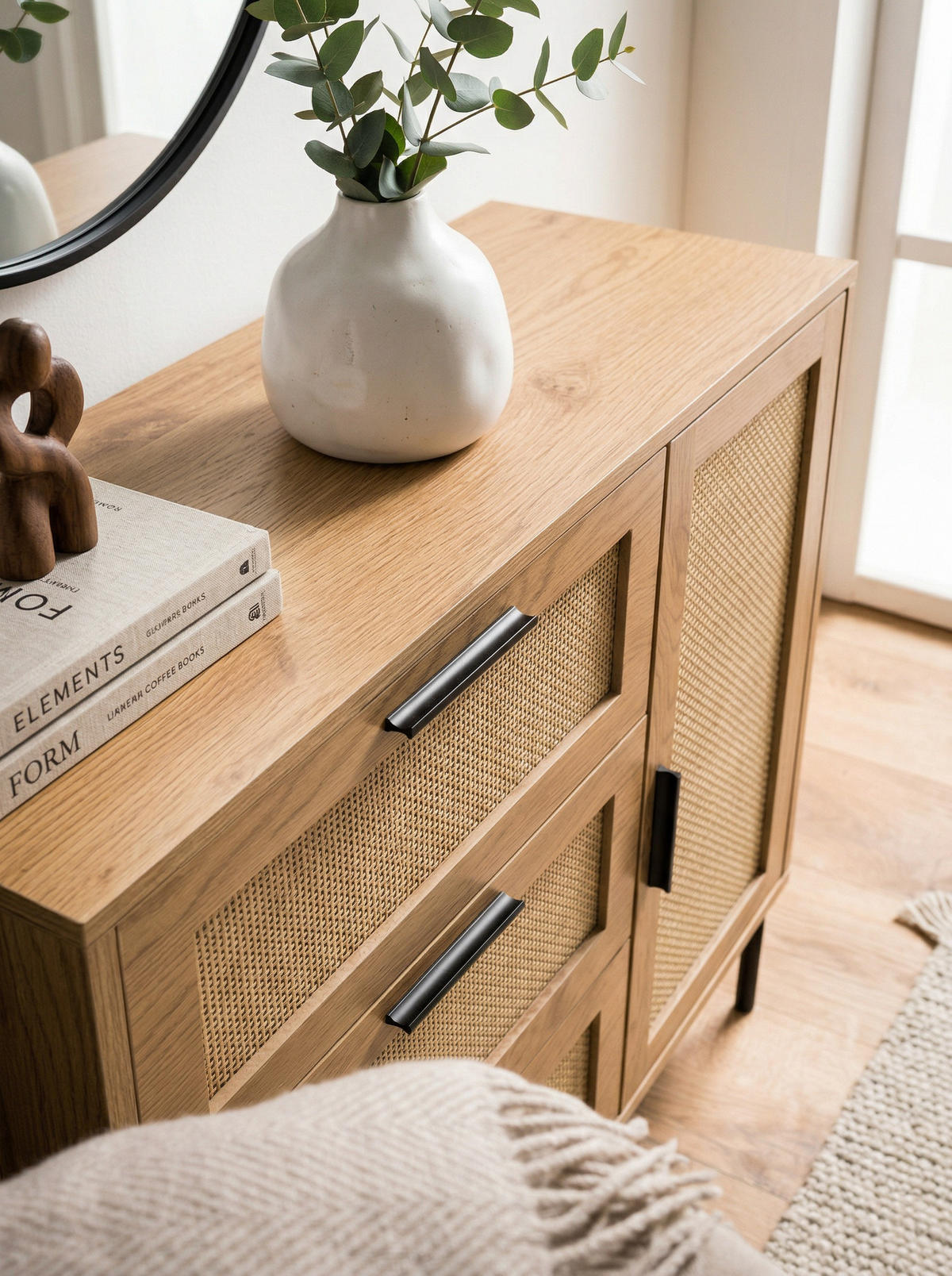 KOMMODE – Eiche-Dekor/Rattan, 80x82x36 cm, 3 Schubladen, 1 Tür, modern - Schwarz/Braun, Holzwerkstoff/Metall (80/82/36cm) - KADIMA DESIGN