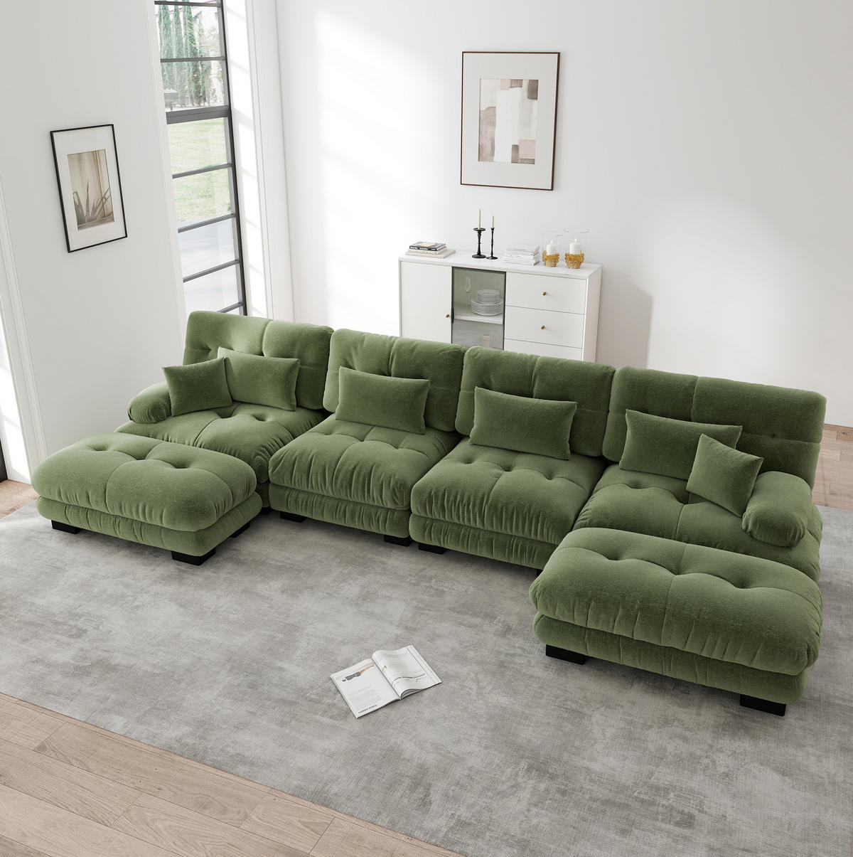 WOHNLANDSCHAFT aus Chenille in Grün mit modularem Design & beweglichen Ottomans - Grün, Textil (145/81/406cm) - Modfu