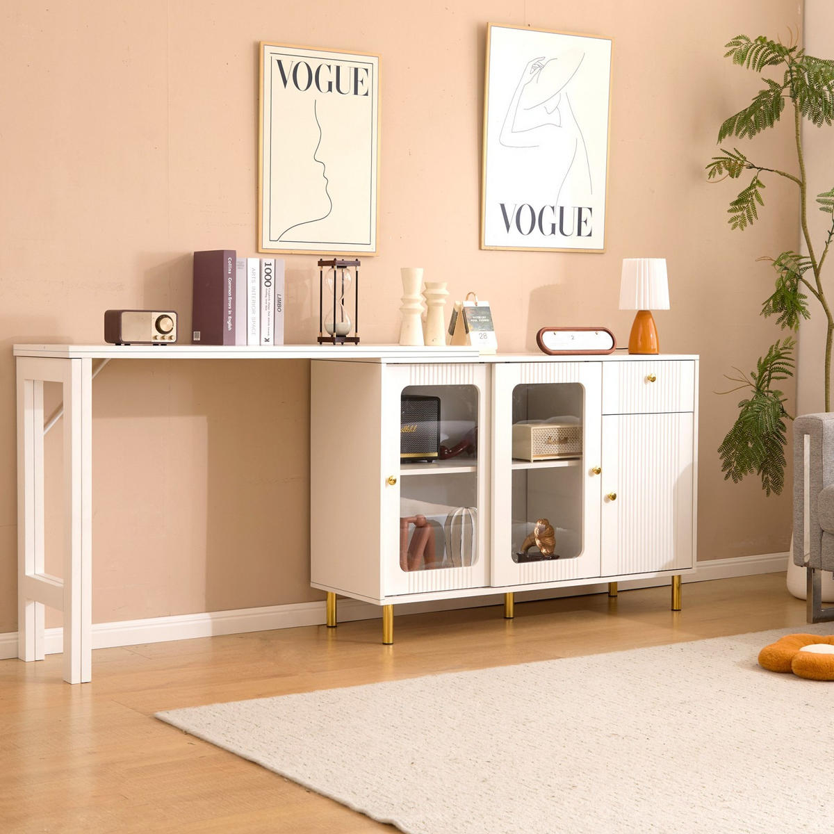 SIDEBOARD Weiß, Klappplatte, Glastüren, Goldfüße - Weiß, Holz (122/82/40cm)