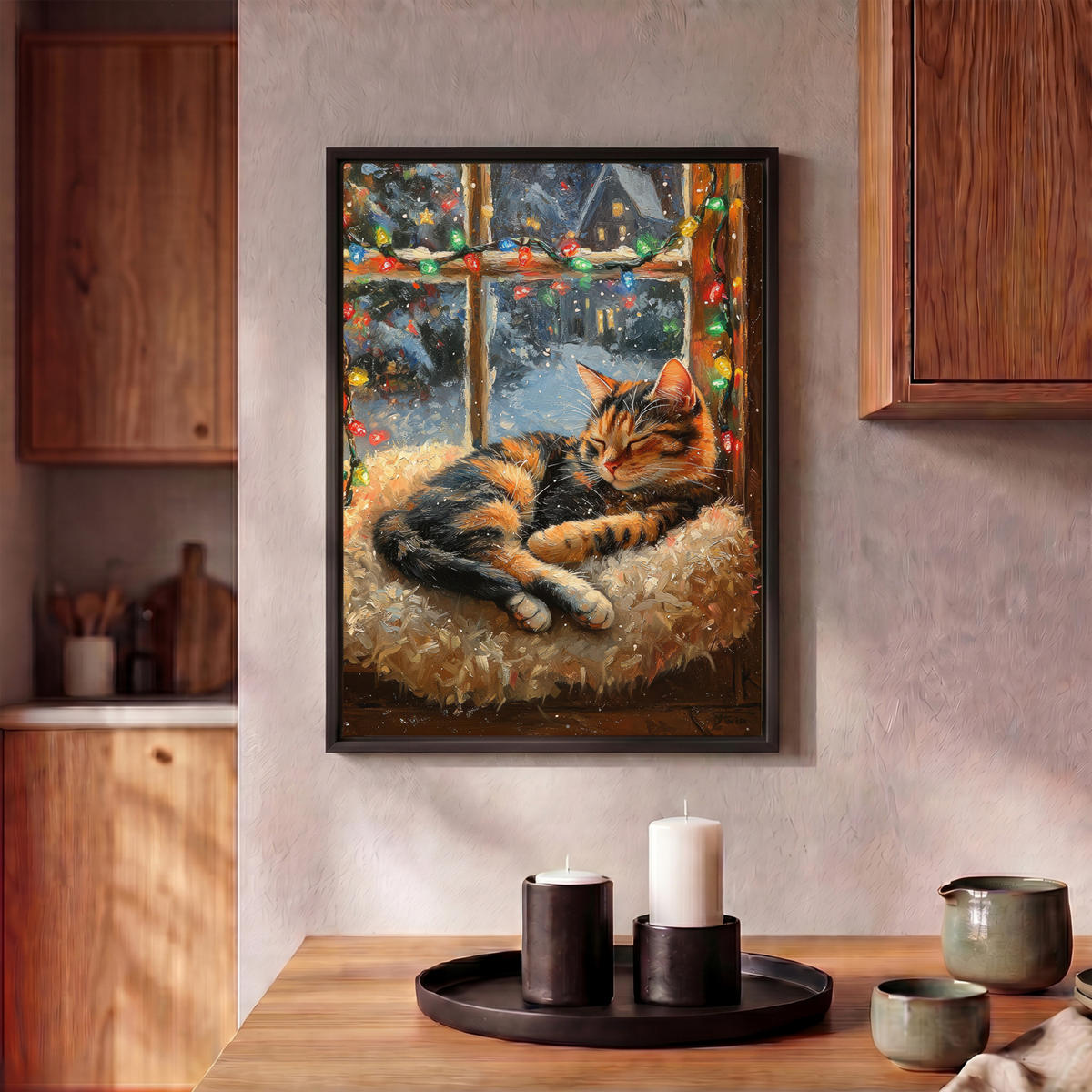 LEINWAND Bilder mit Rahmen - Katze - Weihnachten - Winter - Tier - 30x40 - Bernsteinfarben, Textil (30/40cm) - MuchoWow