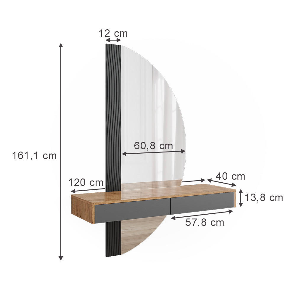 SCHMINKTISCH Melisa Grau 120 cm mit 2 Schubladen - Eichefarben/Grau, Holzwerkstoff (120/161.1/40cm) - Vicco