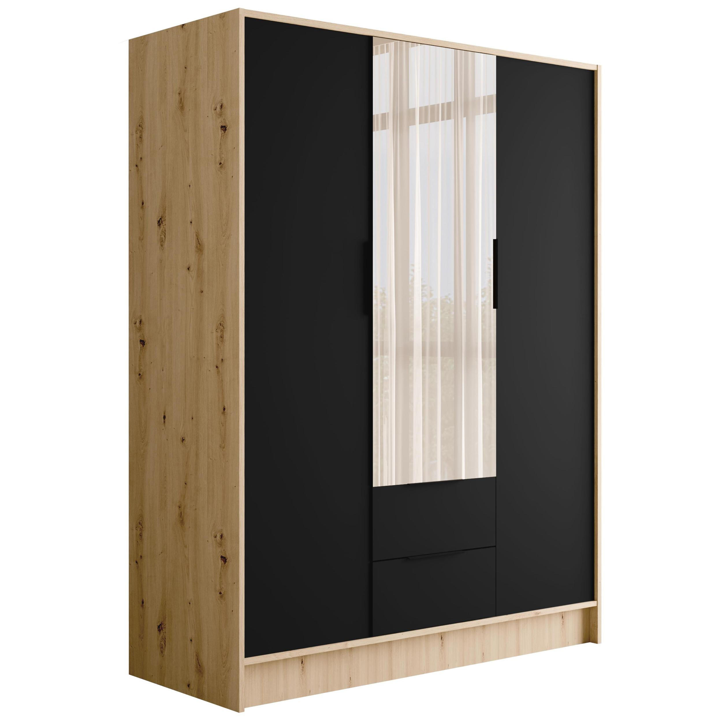 KLEIDERSCHRANK mit Spiegel und Flügeltüren KOLIN 150x200cm Artisan/Schwarz - Schwarz/Eiche Artisan, Holzwerkstoff (150/200/51cm) - ALTDECOR