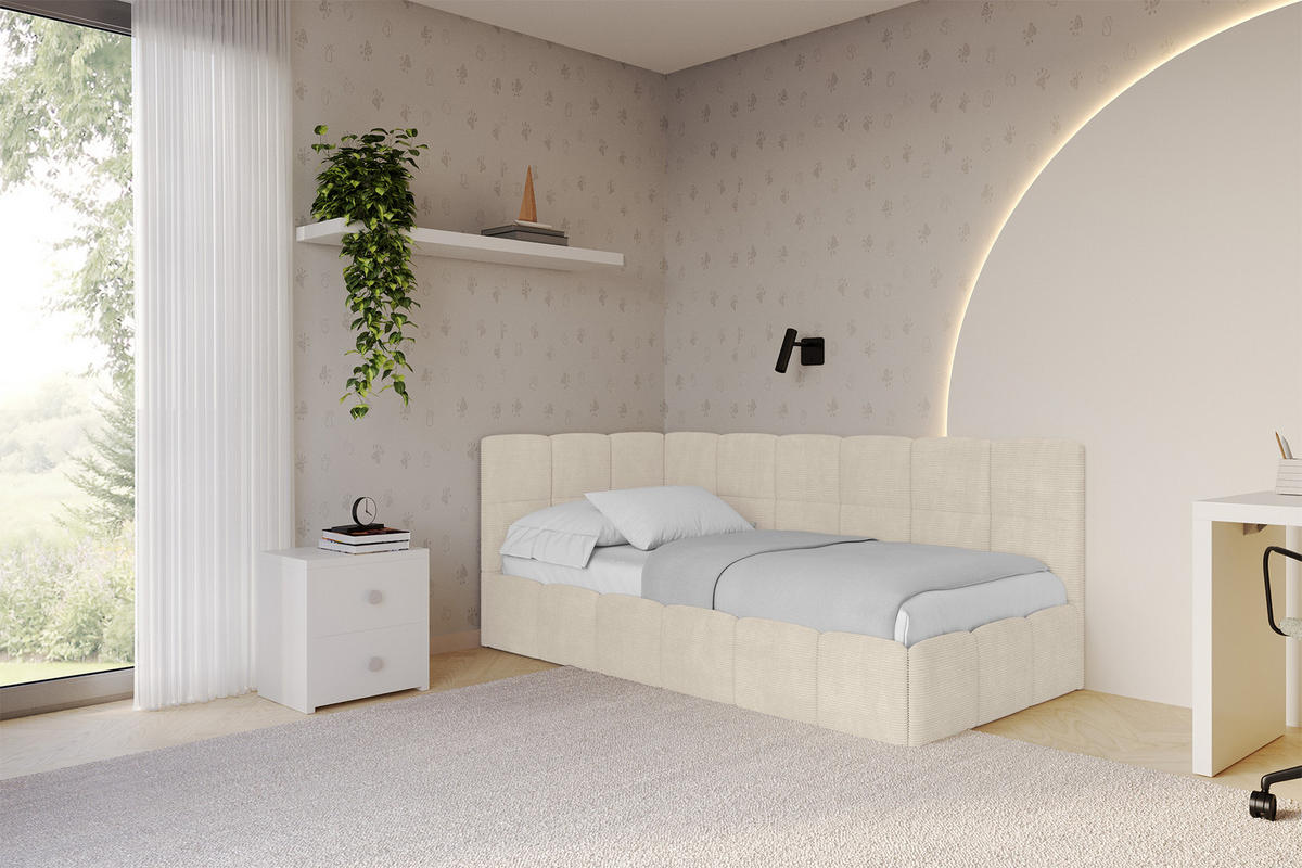 EINZELBETT Jugendbett mit Bettkasten Rechts, ohne Matratze - LIVY 80x200 Beige - Sandfarben, Holzwerkstoff/Textil (80/200cm) - ALTDECOR