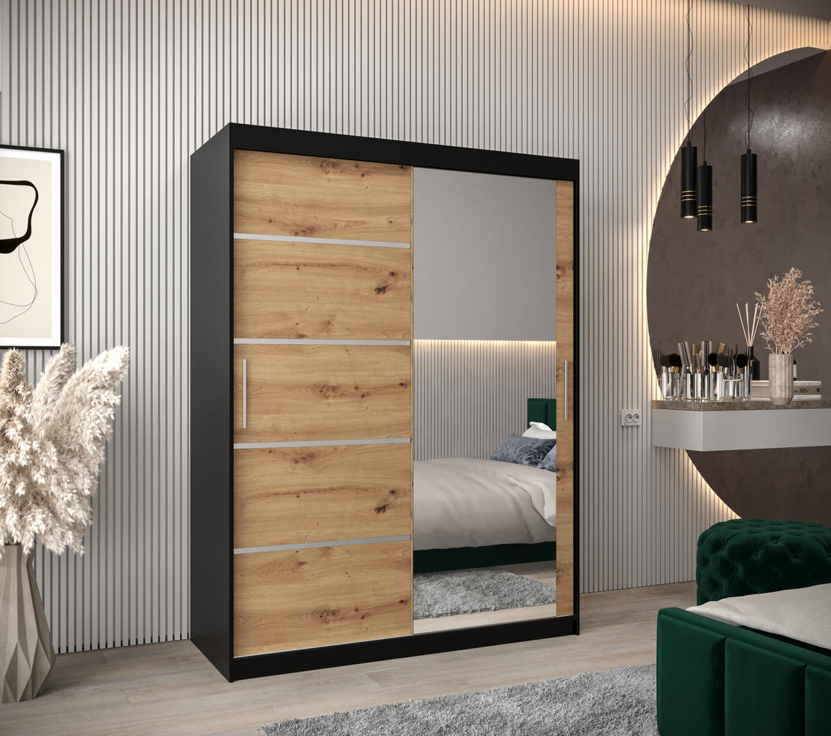 SCHWEBETÜRENSCHRANK 200/150/62 2-türig - Silberfarben/Schwarz, Holz/Kunststoff (150/200/62cm) - Abiks Möbel