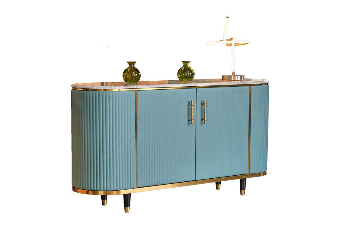 SIDEBOARD MARIA Hellblau Kunstleder - Schwarz/Hellblau, Stein/Metall (150/76/40cm) - KAWOLA