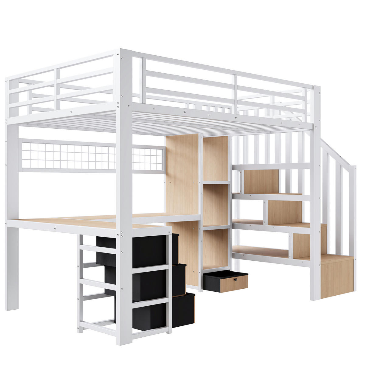 HOCHBETT 90/200 cm DE-04985, mit LED, Schreibtisch und 4 Schubladen in Weiß - Weiß, Metall (90/200cm) - ComfortXL