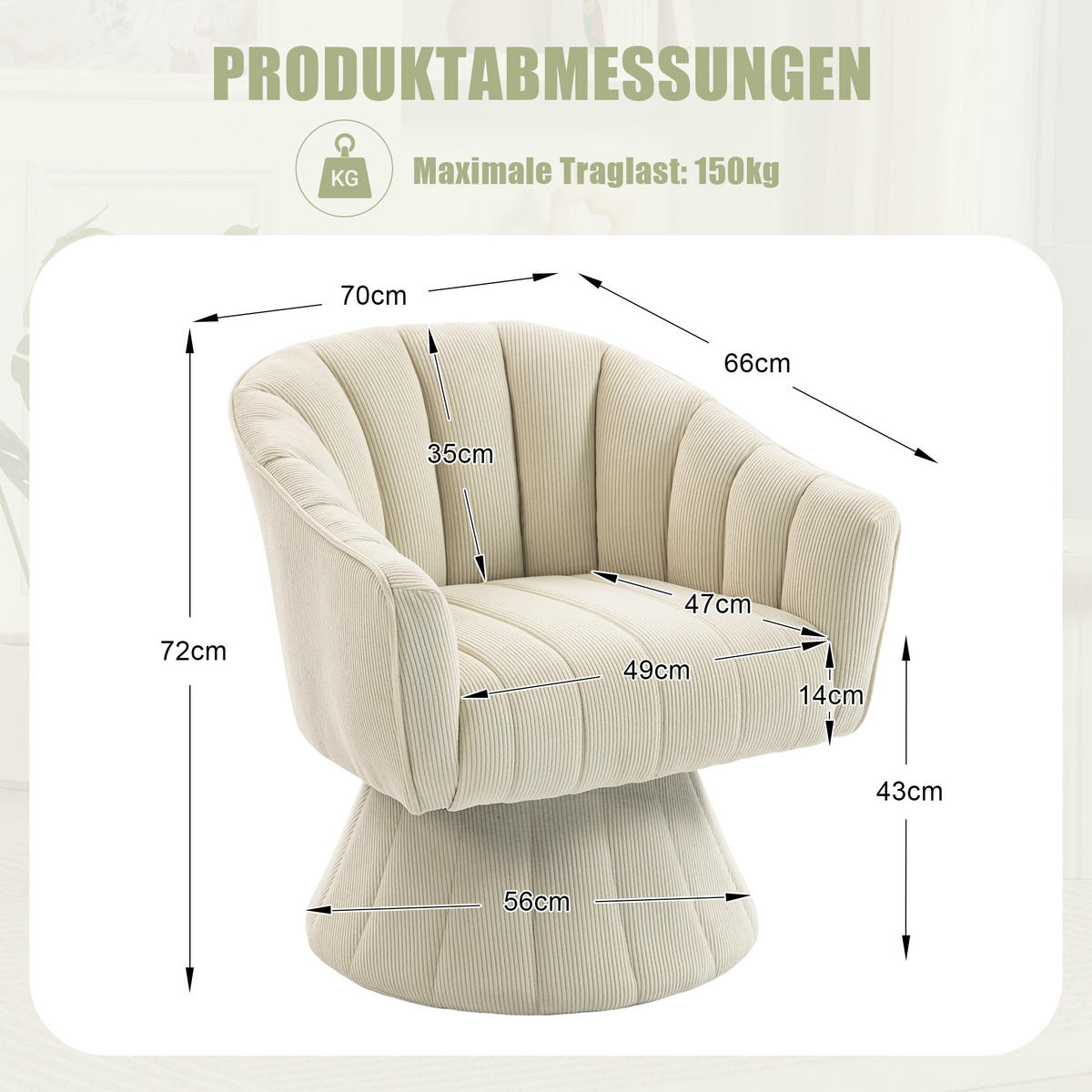 DREHSTUHL Drehsessel Loungesessel mit Polsterung,360°,Cord,Beige - Beige, Textil (70/72/66cm) - LVHOM