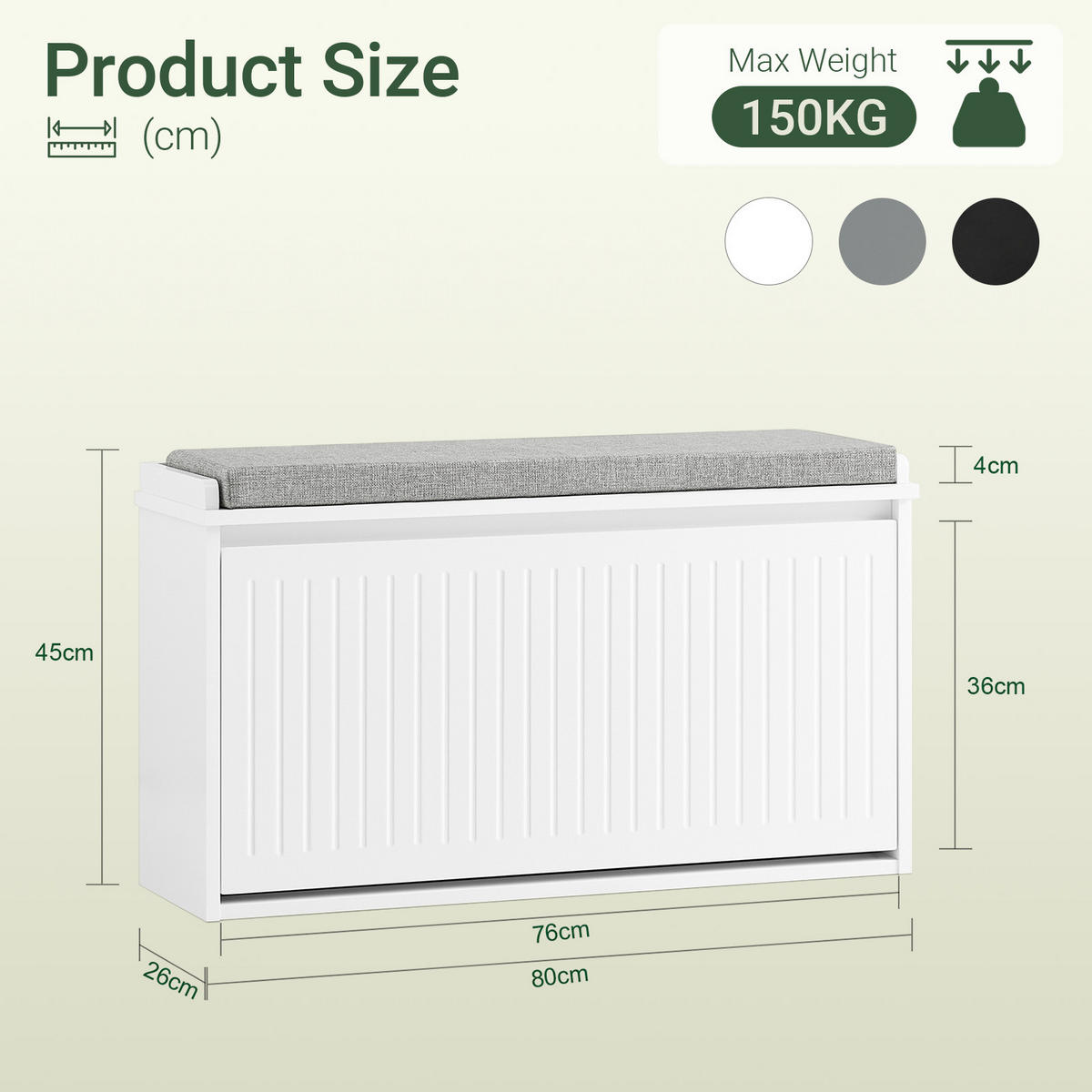 SCHUHBANK weiß, 80 x 45 x 26 cm, Sitzfläche bis 150 kg, 1 Klappe für 6 Paar bis EU 46, abnehmbares Sitzpolster - Weiß, Holzwerkstoff (80/45/26cm) - SoBuy