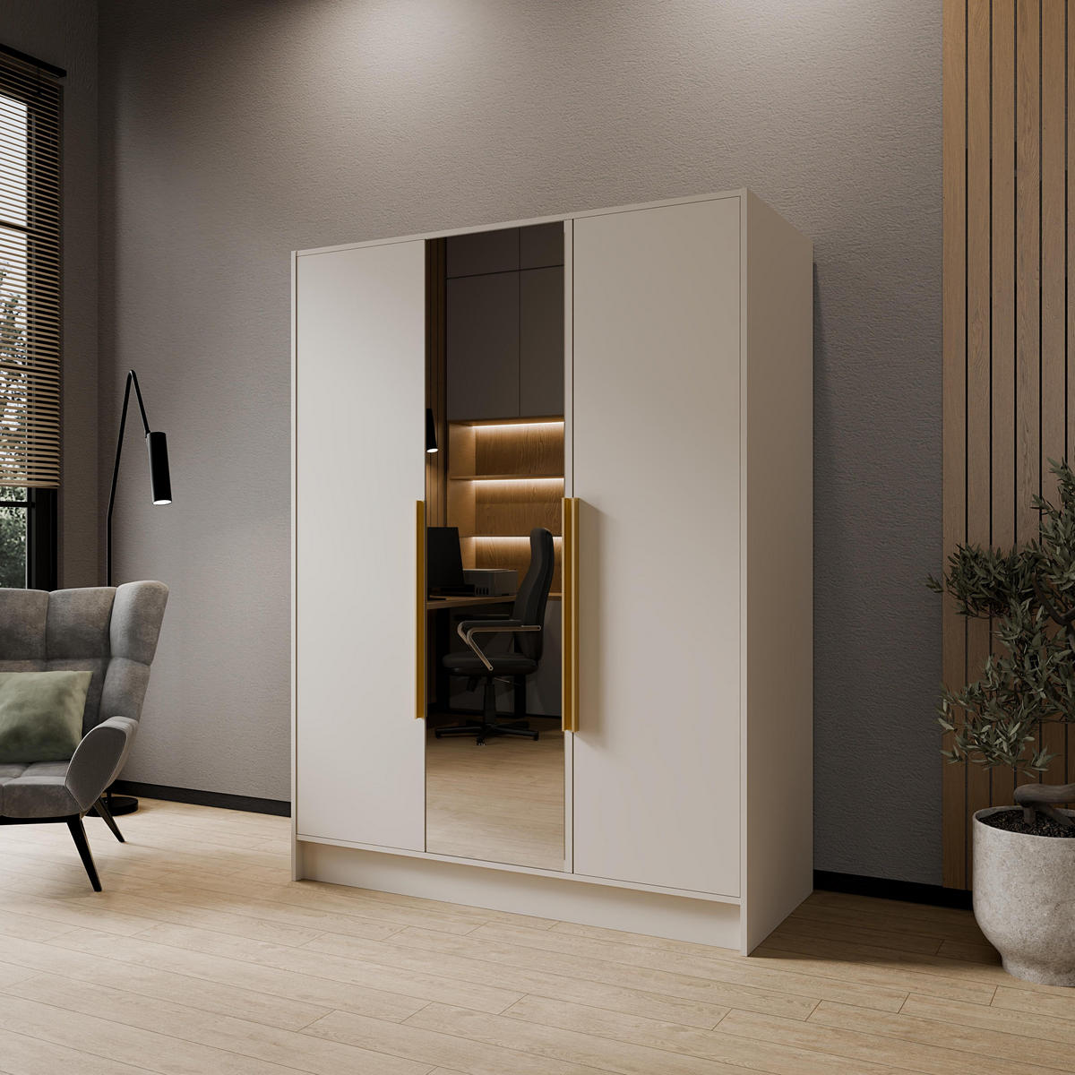 DREHTÜRENSCHRANK RENVO 150/200/51 cm Modern Kleiderschrank 3-türig mit Spiegel Kaschmir - Kaschmir, Holzwerkstoff (150/200/51cm) - MASSENO