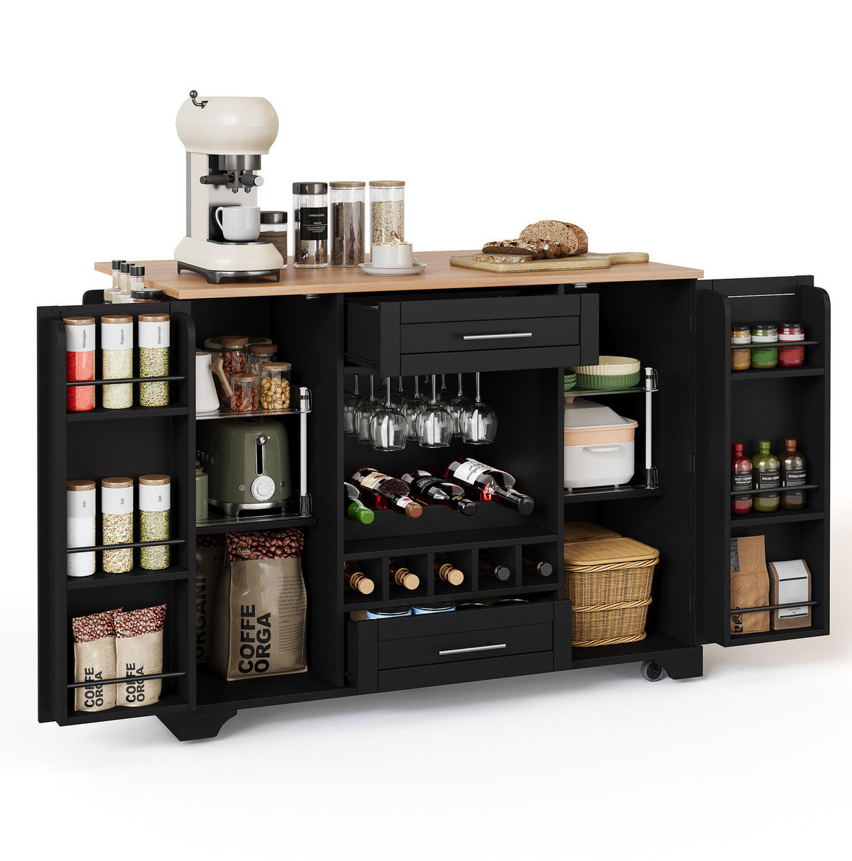 KÜCHENINSEL 138/45(70)/92 cm mit klappbarer Arbeitsplatte, Weinregal und Rollen, MDF, Schwarz/Natur - Schwarz, Holzwerkstoff (138/92/70cm) - Redom