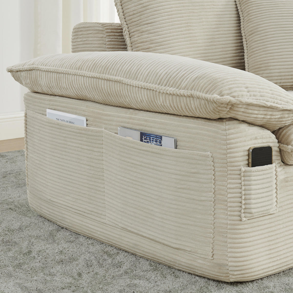 2-SITZER-BODENSOFA aus Stoff Beige ohne Montage mit Fußhocker und Aufbewahrungstaschen - Beige, Textil (156/65/206cm) - Modfu