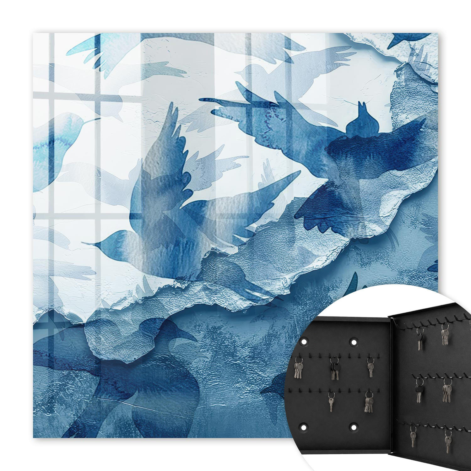 SCHLÜSSELBOX Schwarz 30x30 cm- Türöffnung nach rechts - Aquarellvögel - Blau, Metall (30/30/5cm) - TULUP