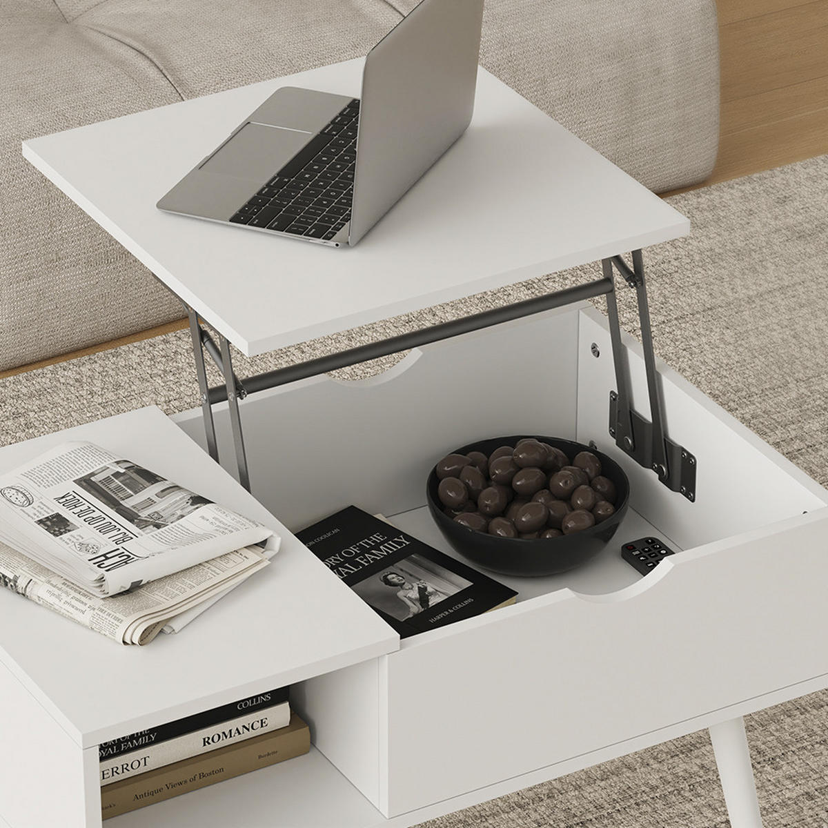 COUCHTISCH Stora Weiß 76 x 45 cm mit Liftfunktion - Weiß, Holzwerkstoff (45/76/40cm) - Vicco