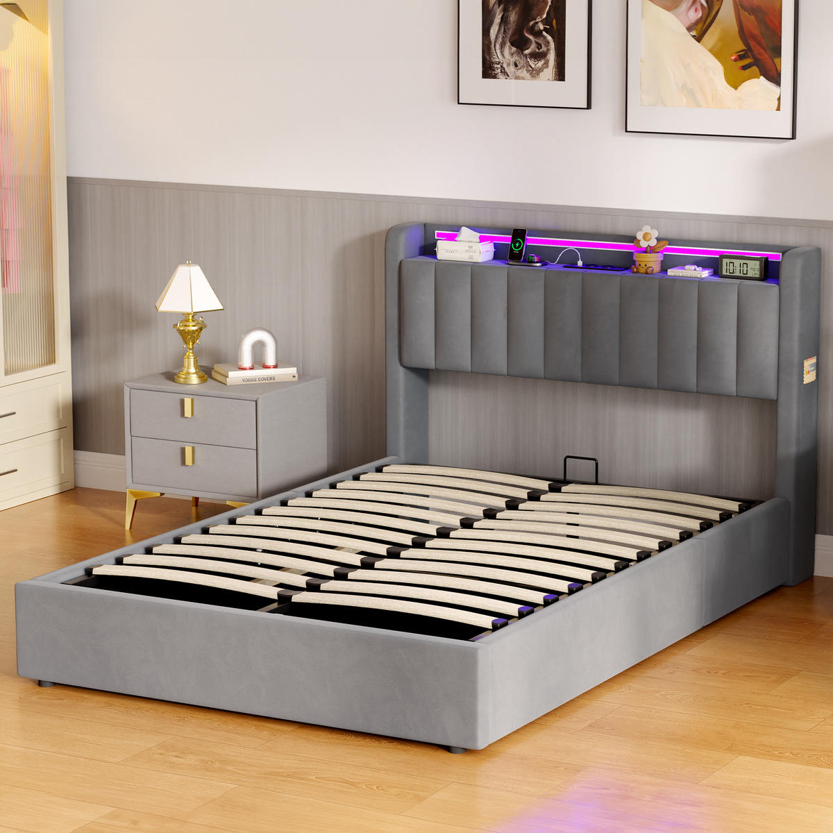 POLSTERBETT mit Stauraum 140/190 cm Dunkelgrau, USB und LED - Grau, Textil (140/190cm) - MIVRAY