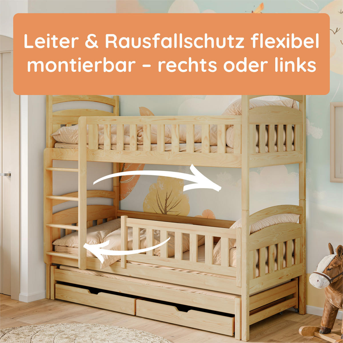 ETAGENBETT Ebba mit Ausziehbett und zwei Schubladen - Naturfarben, Holz (90/200cm) - Kids Collective