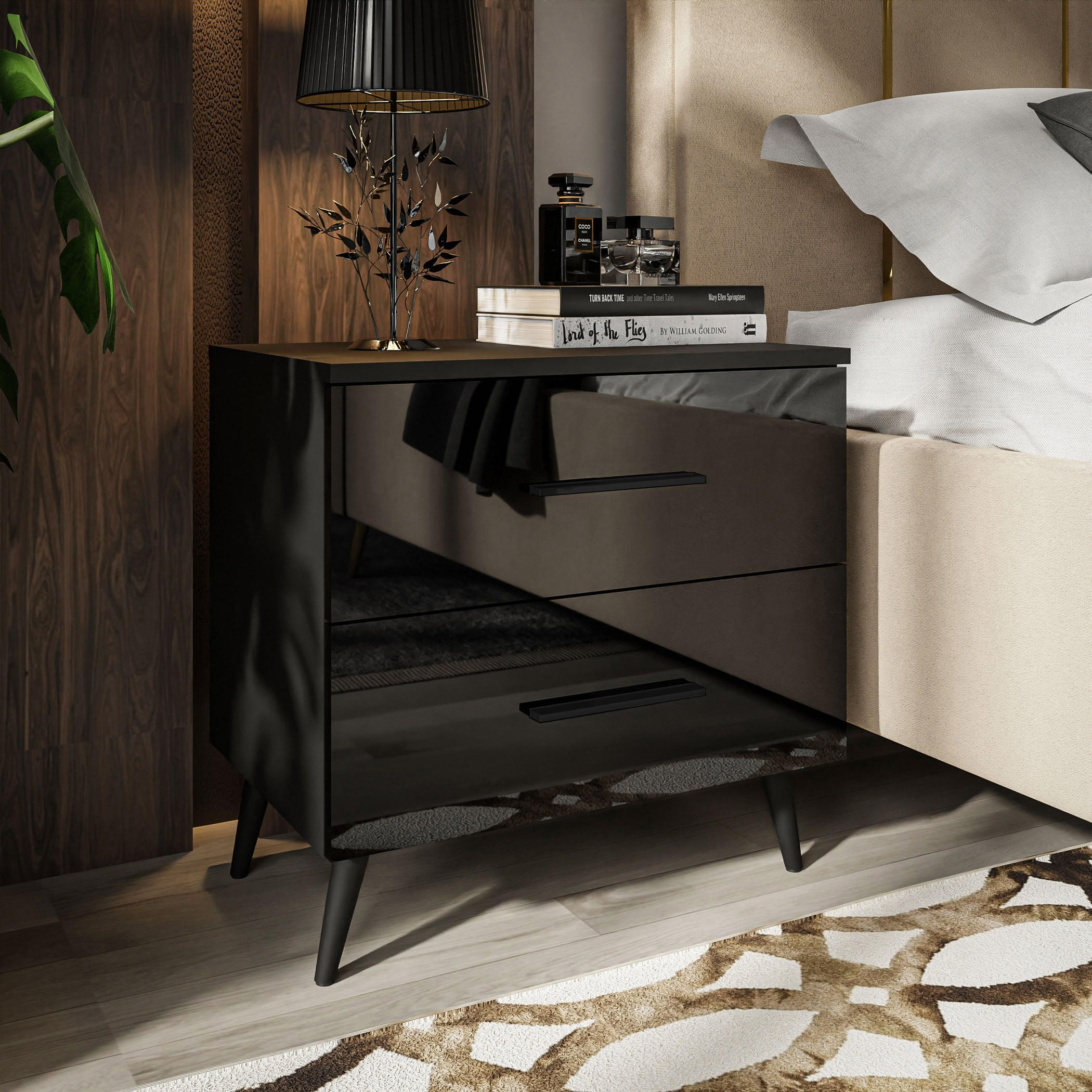 NACHTTISCH AURA mit Griffen, schwarzen Beinen - Schwarz, Holzwerkstoff (55/54/37cm) - Lookway