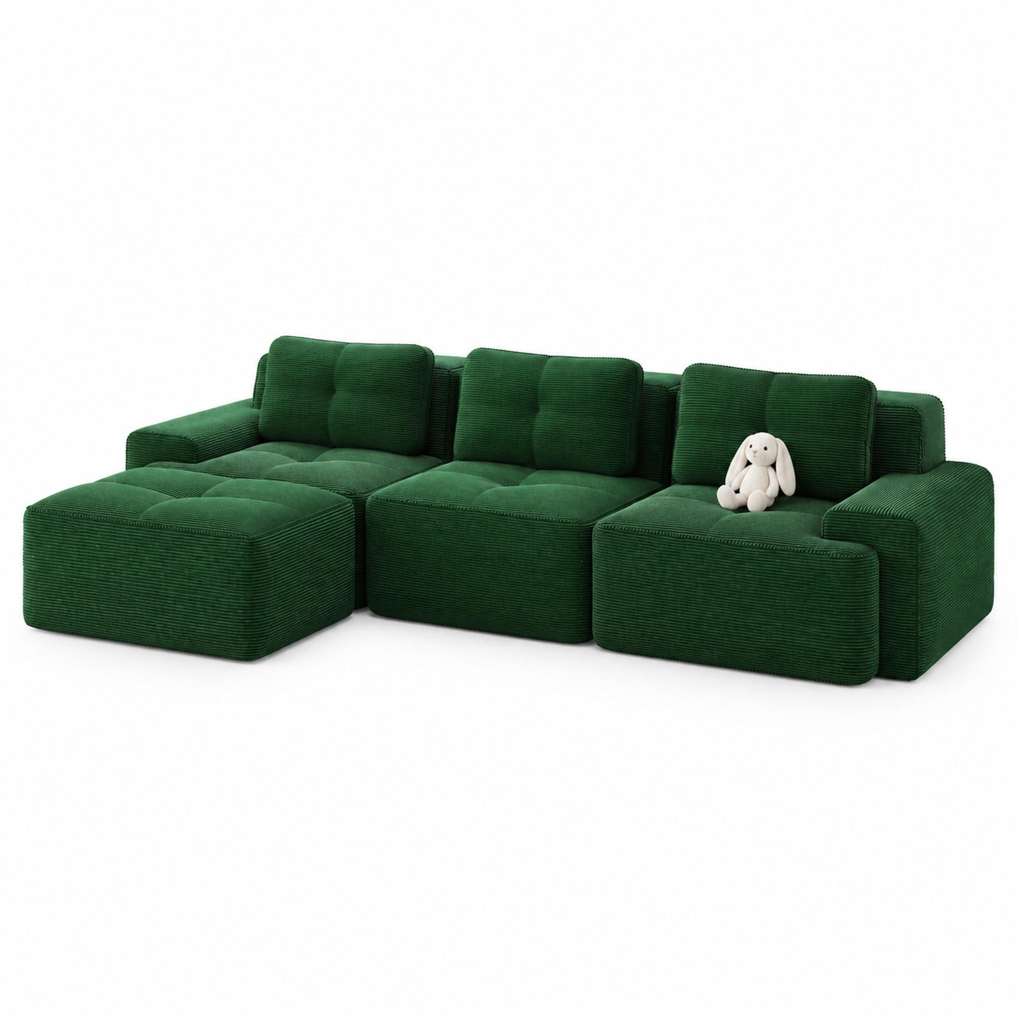 MODULARES Ecksofa aus Cord in Grün 293x177x69 cm mit Ottomane, tiefem Sitz und breiten Armlehnen - Grün, Textil (177/293cm) - IVMEU