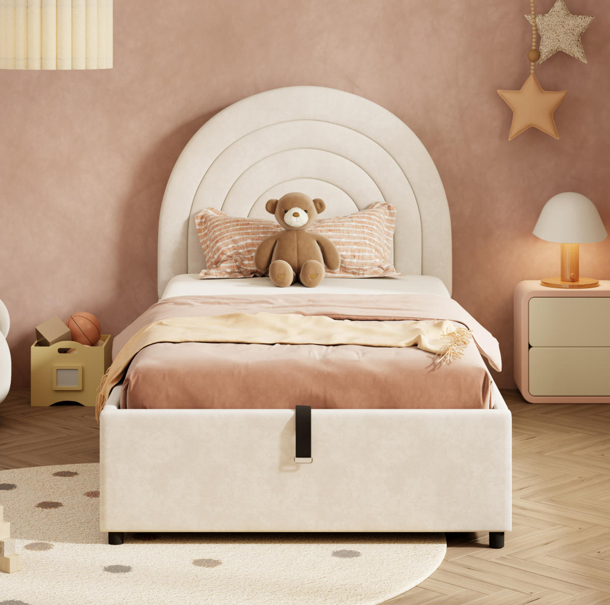 POLSTERBETT aus Samt 90x200 cm in Beige mit hydraulischem Stauraum - Beige, Textil (90/200cm) - Modfu