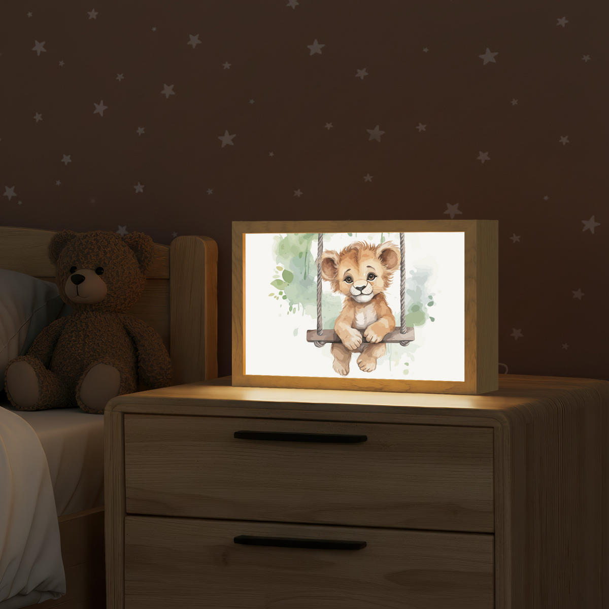 NACHTTISCHLAMPE Löwe - Tier - Kinder - Dschungel 30x20 cm - Weiß, Holzwerkstoff (8/30/20cm)