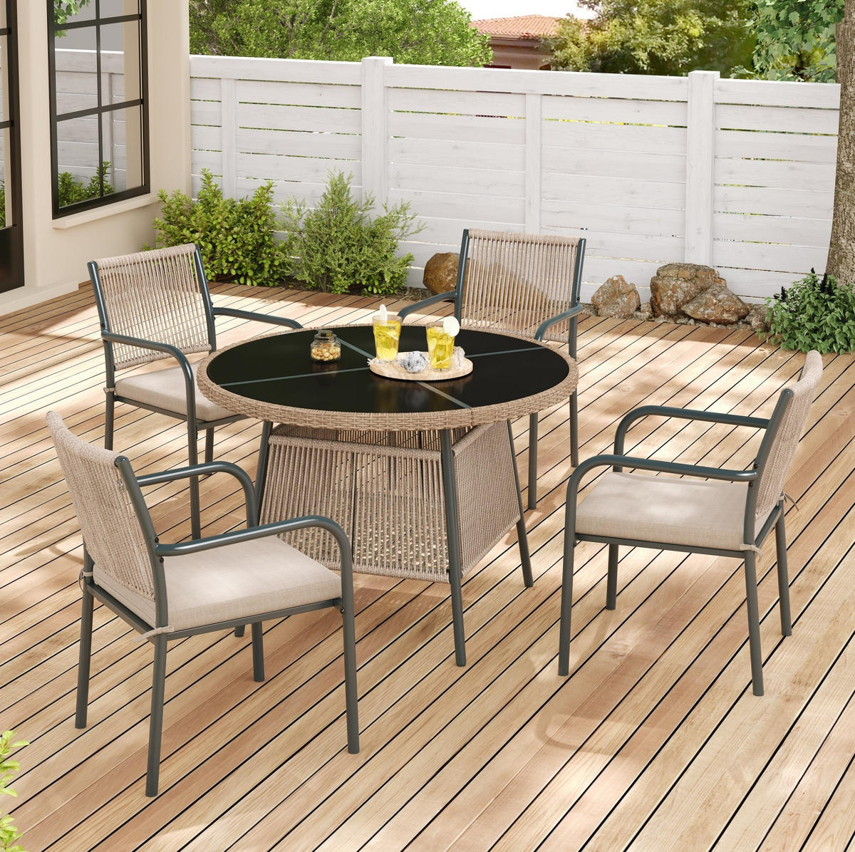 GARTENMÖBELSET 110/110/74 cm mit rundem Tisch, 4 Sesseln, Sicherheitsglas und Sitzkissen, Grau - Beige, Metall - Redom