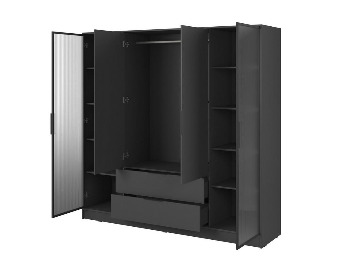 KLEIDERSCHRANK RICADI 4D RD (Graphit, Riffelglas, 4 Türen, 2 Schubladen, Kunststoffgriffe) - Schwarz/Graphitfarben, Holz/Holzwerkstoff (206/200/51cm) - Ravio