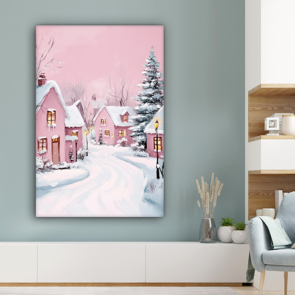 LEINWANDBILD Weihnachtsdorf - Rosa - Winter - Schnee - Häuser Deko Groß 90x140 cm - Altrosa, Textil (90/140cm) - MuchoWow