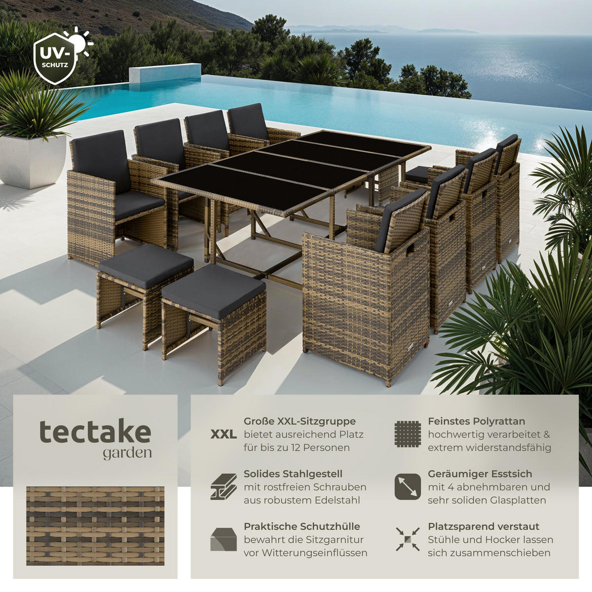 RATTAN SITZGRUPPE Palma,zusammenschiebbar, inklusive Schutzhülle,natur/dunkelgrau - Dunkelgrau/Naturfarben, Kunststoff - tectake